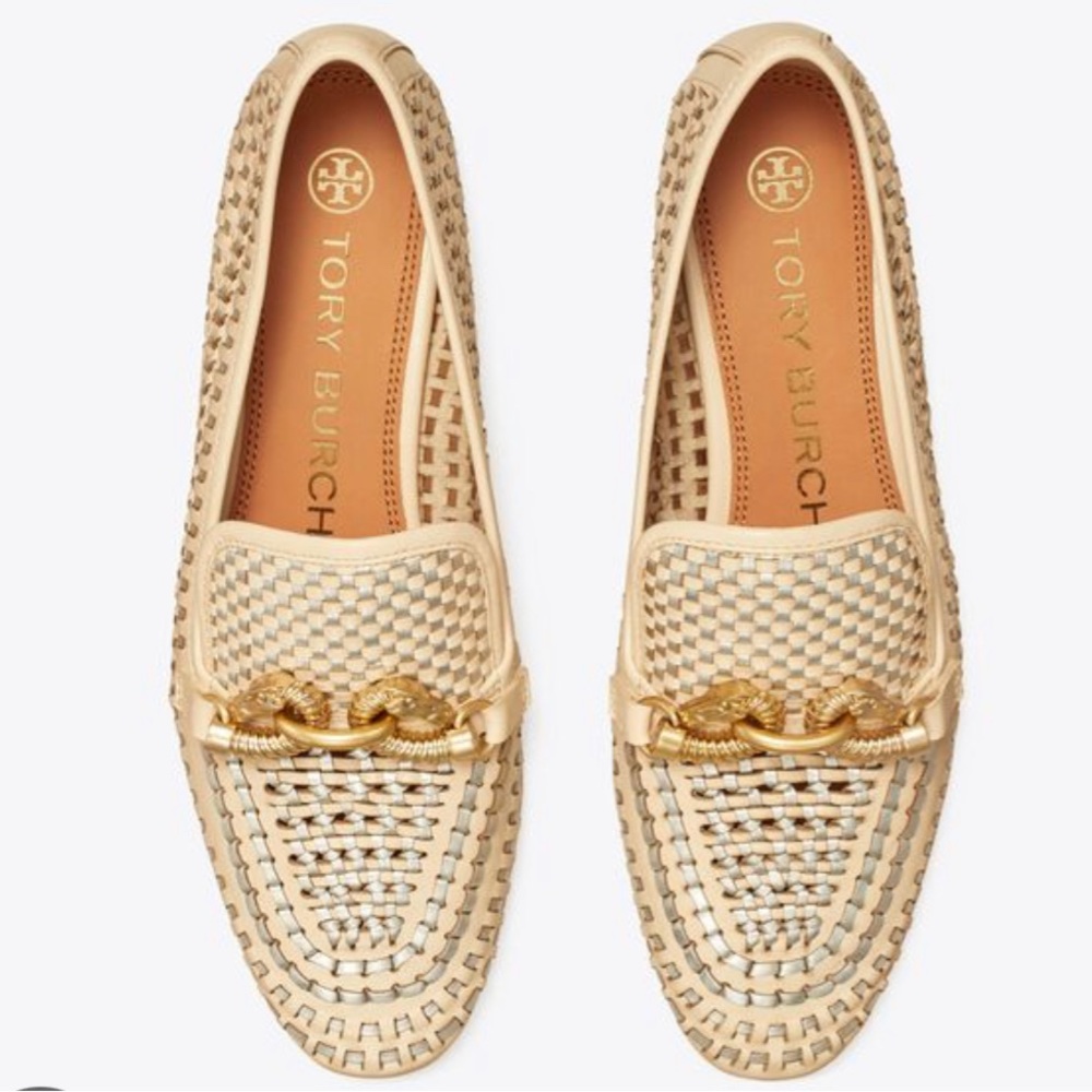 Tory Burch Jessa wovenleather beige loafers Horse head motif gold-tone hardware